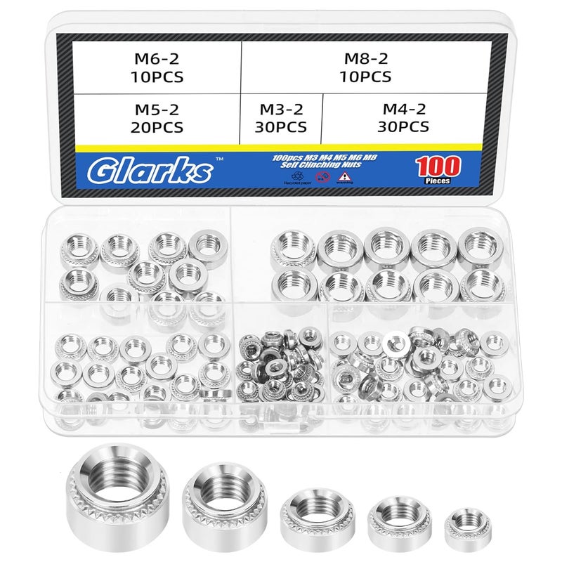 Glarks طقم صواميل ذاتية التثبيت 100 قطعة M3 M4 M5 M6 M8، صمولة ريفيت رأس دائري من الفولاذ المقاوم للصدأ 304، صمولة ذاتية التثبيت مزخرفة لمثبتات الآلات والمنتجات الكهربائية والصناعية - Image 1